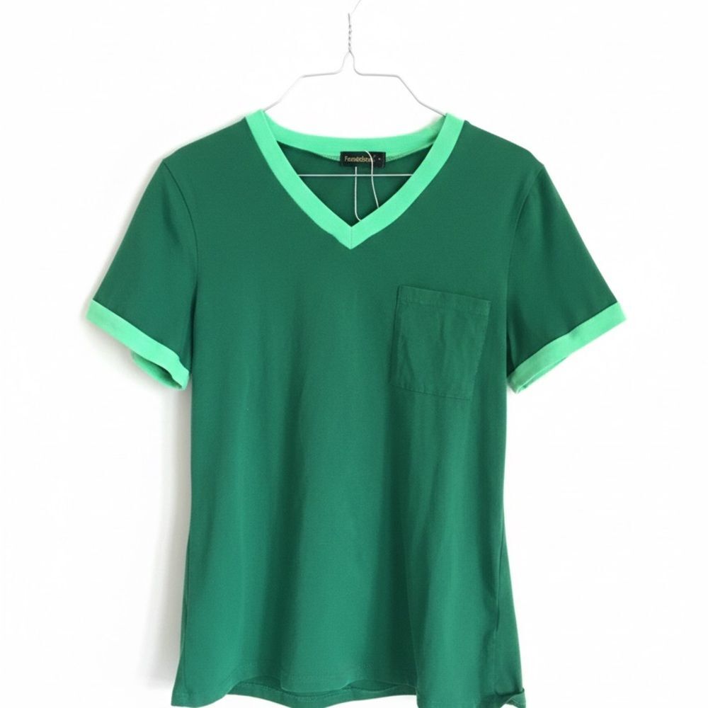 Fantaslook Green V-Neck Tee Pocket Women’s Small Kelly Green Stretch Summer